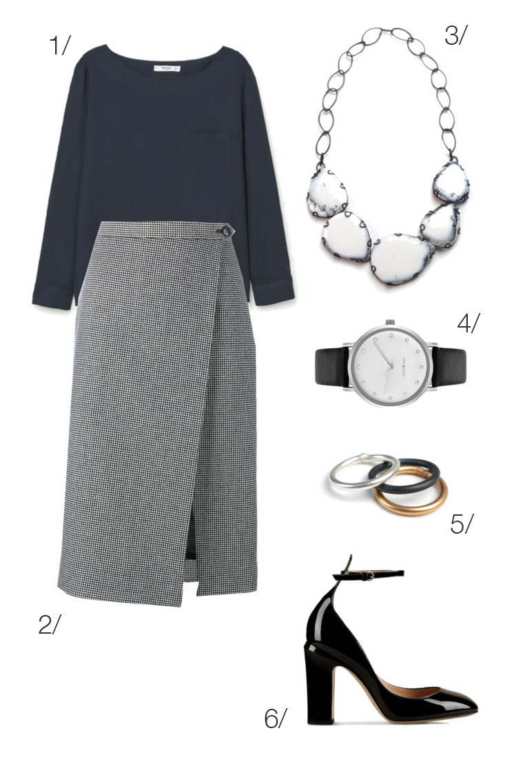 simple and chic professional style: wool midi skirt and bold bib statement necklace // click through for outfit details