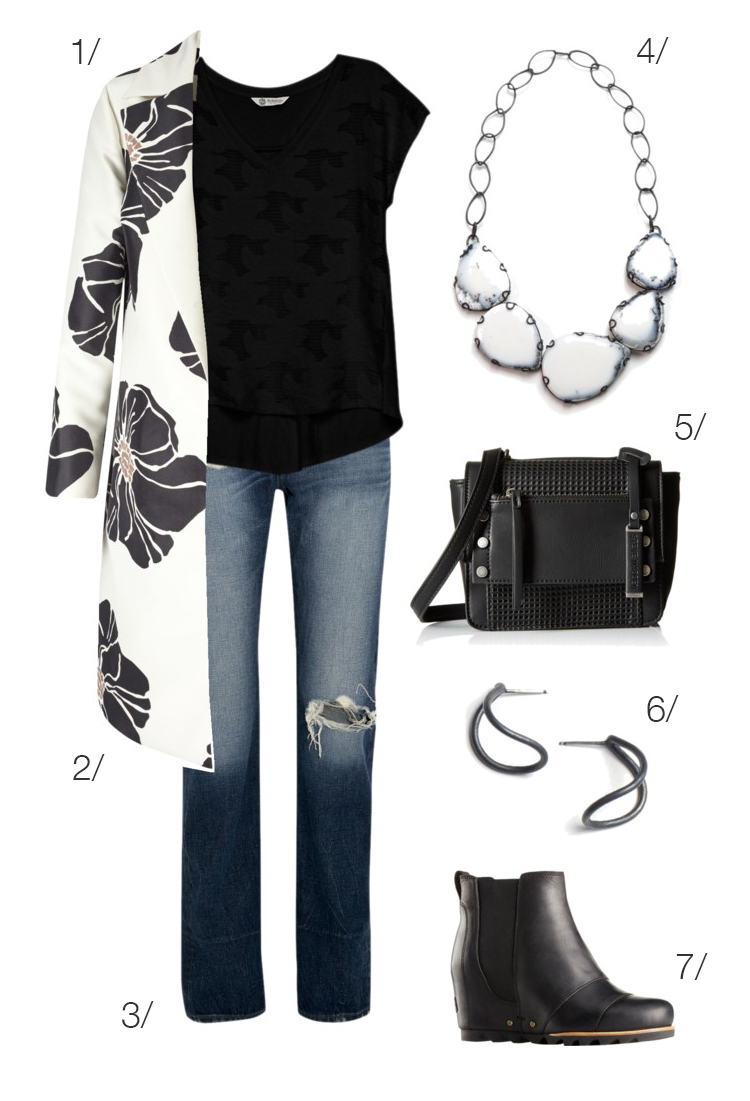 black and white bold floral coat, jeans, black t-shirt, and bold bib necklace // click through to shop this outfit