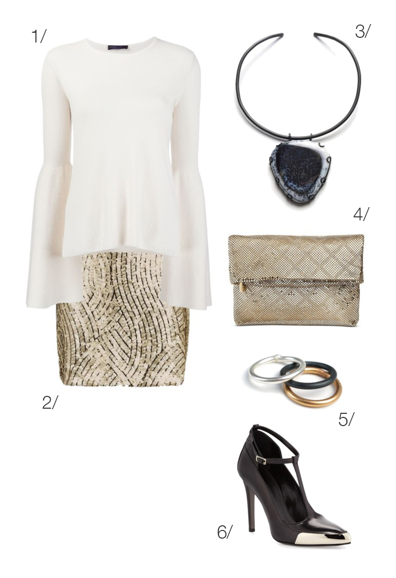 holiday party outfit: cream sweater, gold sequin skirt, bold necklace // click through for outfit details