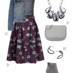 fall style: floral midi skirt and denim jacket