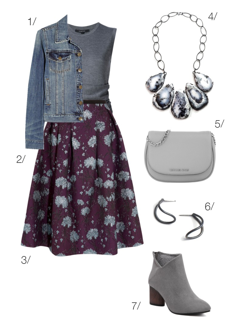 fall style: floral midi skirt, denim jacket, ankle boots, and statement necklace // click through to shop this outfit
