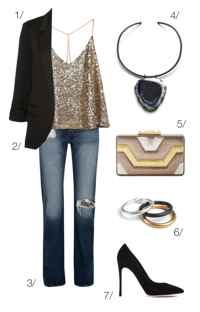 holiday party style: jeans, sequin top, heels // click through for outfit details