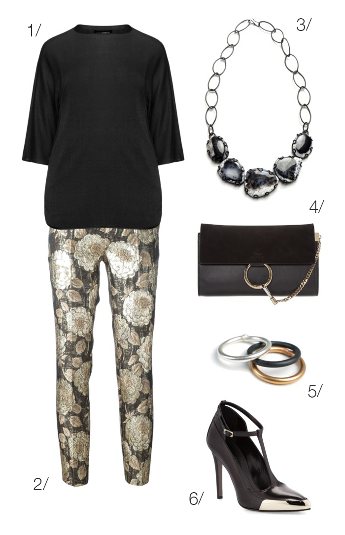 holiday part style: metallic jacquard floral pants and heels // click through to shop this outfit
