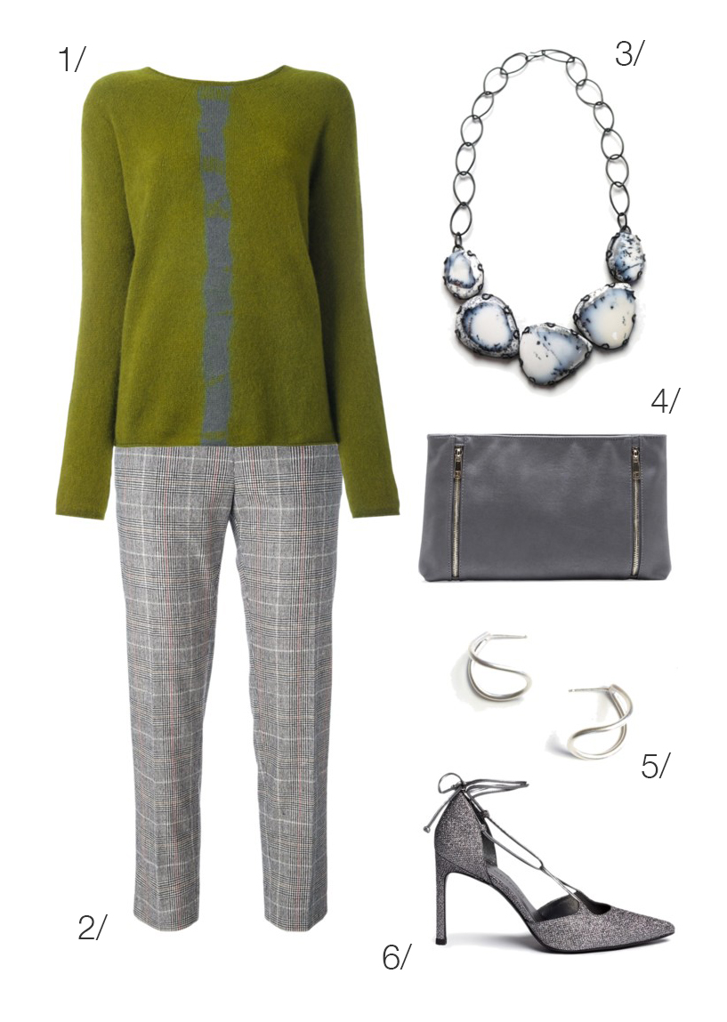 subtle and chic holiday style: sweater, plaid pants, statement necklace // click through for outfit details