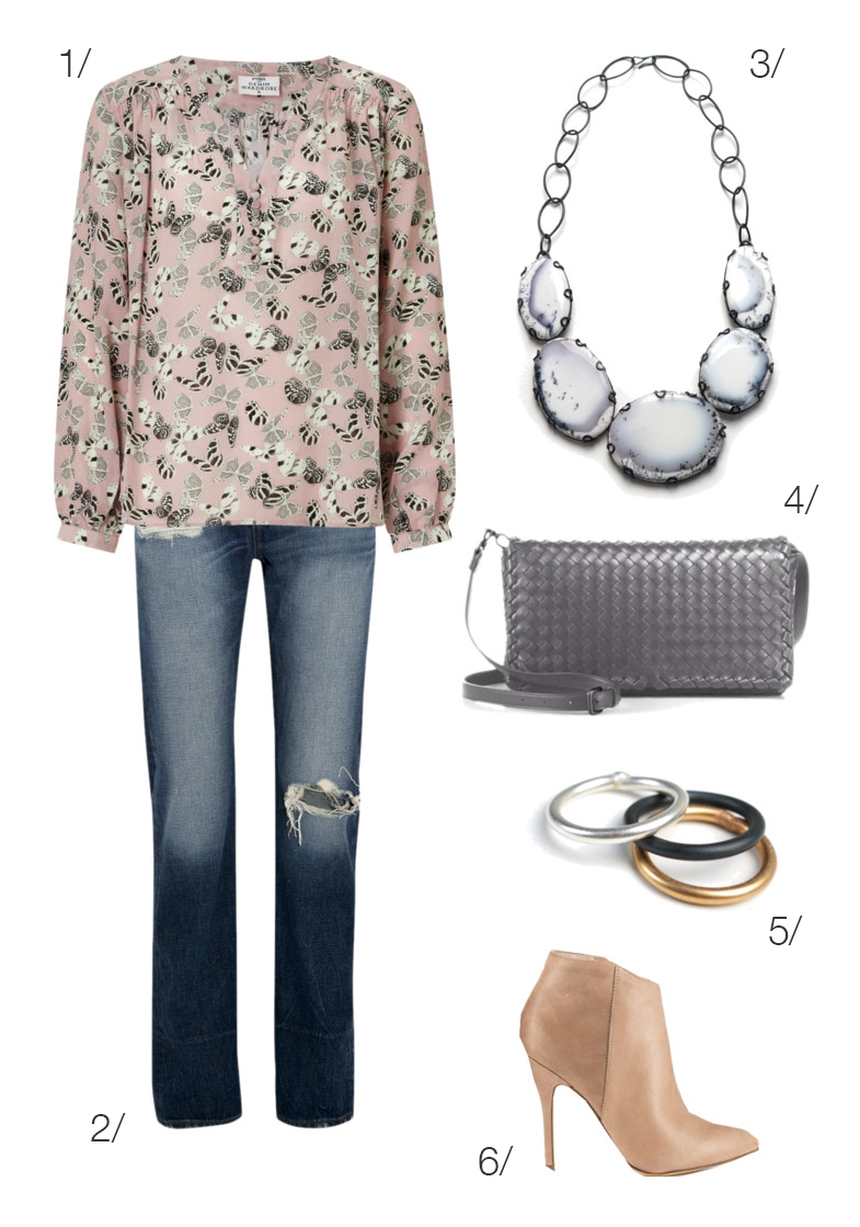 simple and chic spring style: floral blouse, statement necklace, and boyfriend jeans // click through for outfit details