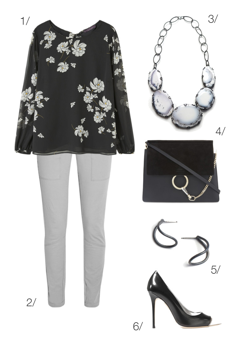 simple and chic office outfit idea: floral blouse and statement necklace // click through for outfit details