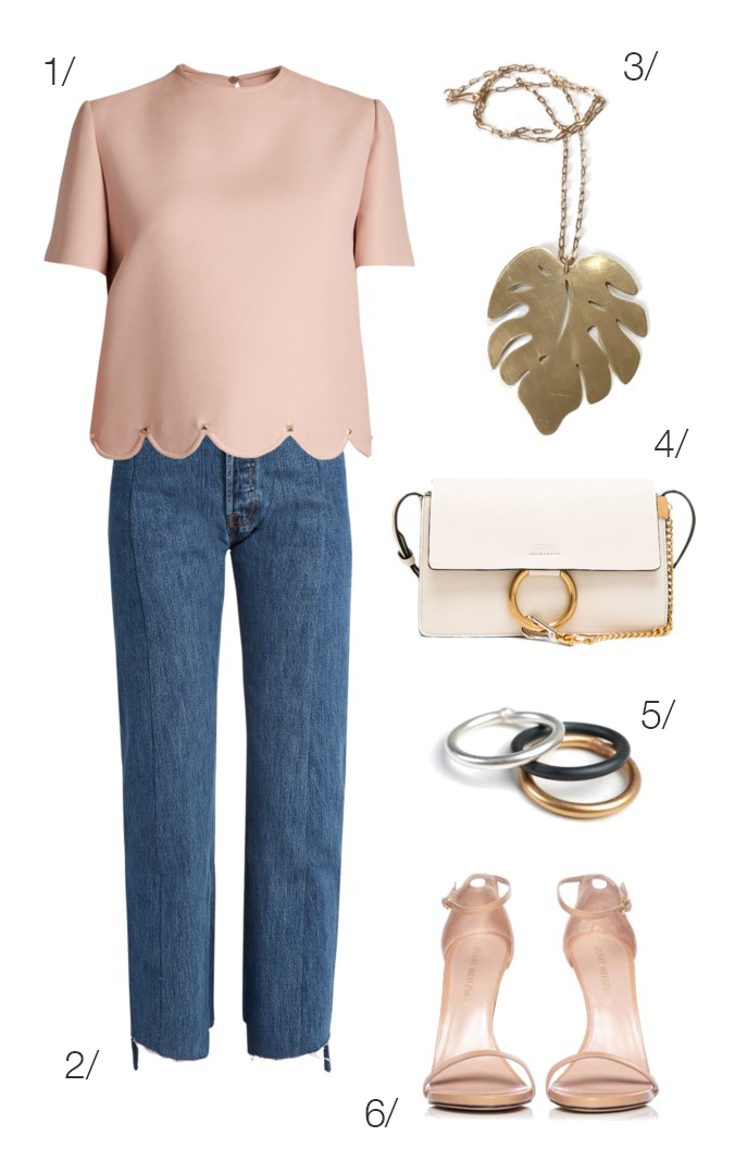 casual spring date night outfit idea: blush, denim, and heels