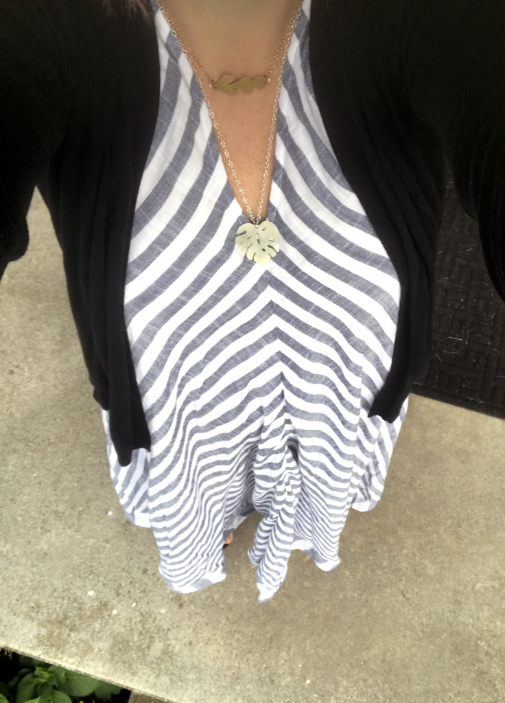 layered pendants on striped maxi dress // jewelry by Megan Auman