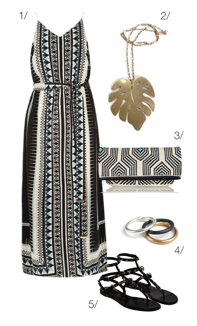 patterned maxi dress with monstera leaf long necklace - a perfect outfit for summer // click through for outfit details