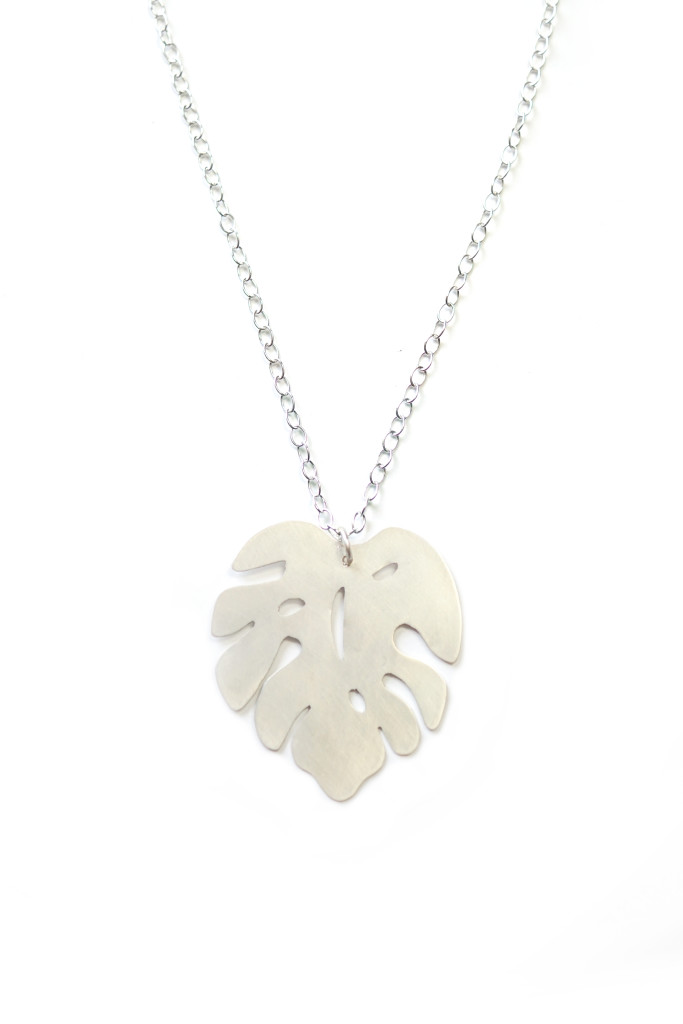 silver monstera leaf pendant