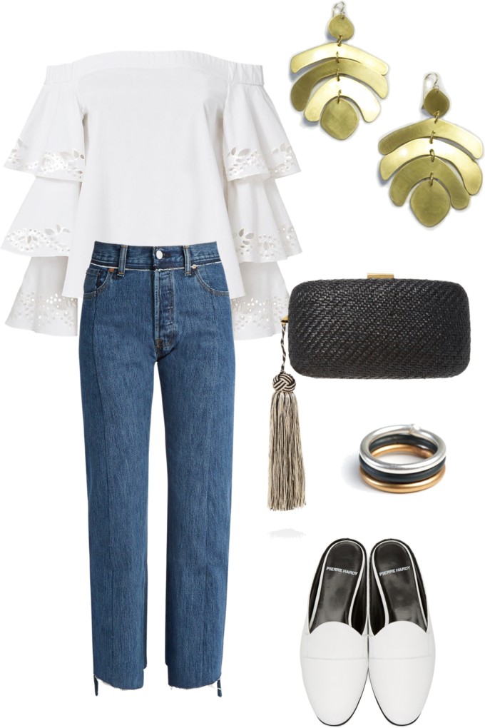 street style inspired summer 2017 trends: tiered sleeve off the shoulder blouse, raw edge high waisted denim, statement earrings, and slide mule loafers // click through for outfit details