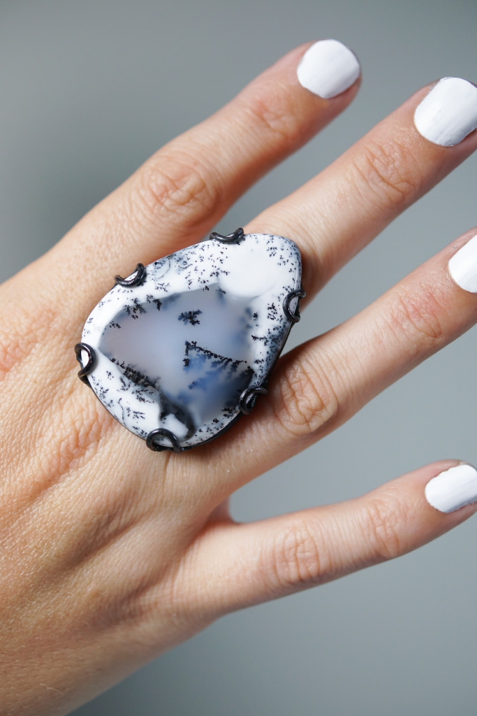 Contra ring // black, white, and grey dendritic opal handmade statement ring
