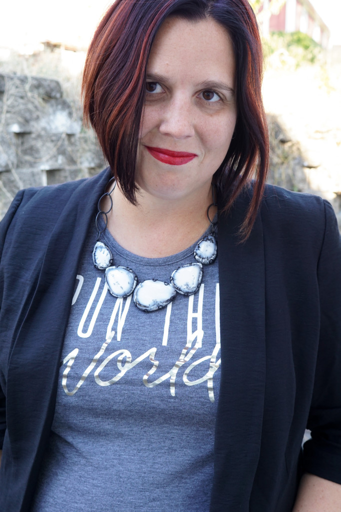 statement necklace and t-shirt with blazer