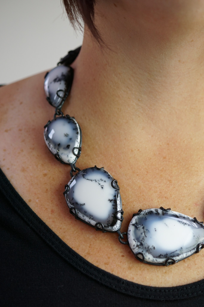 Contra Composition Necklace No. 29: black and white dendritic opal statement necklace, art jewelry handcrafted by designer and metalsmith Megan Auman