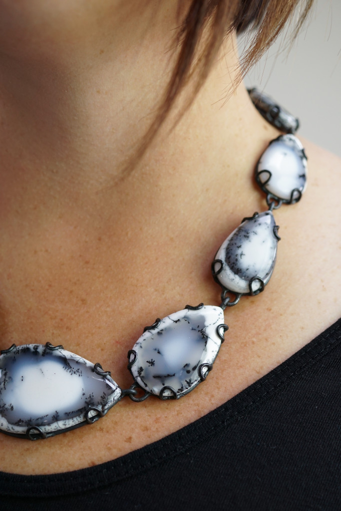 Contra Composition Necklace No. 29: black and white dendritic opal statement necklace, art jewelry handcrafted by designer and metalsmith Megan Auman