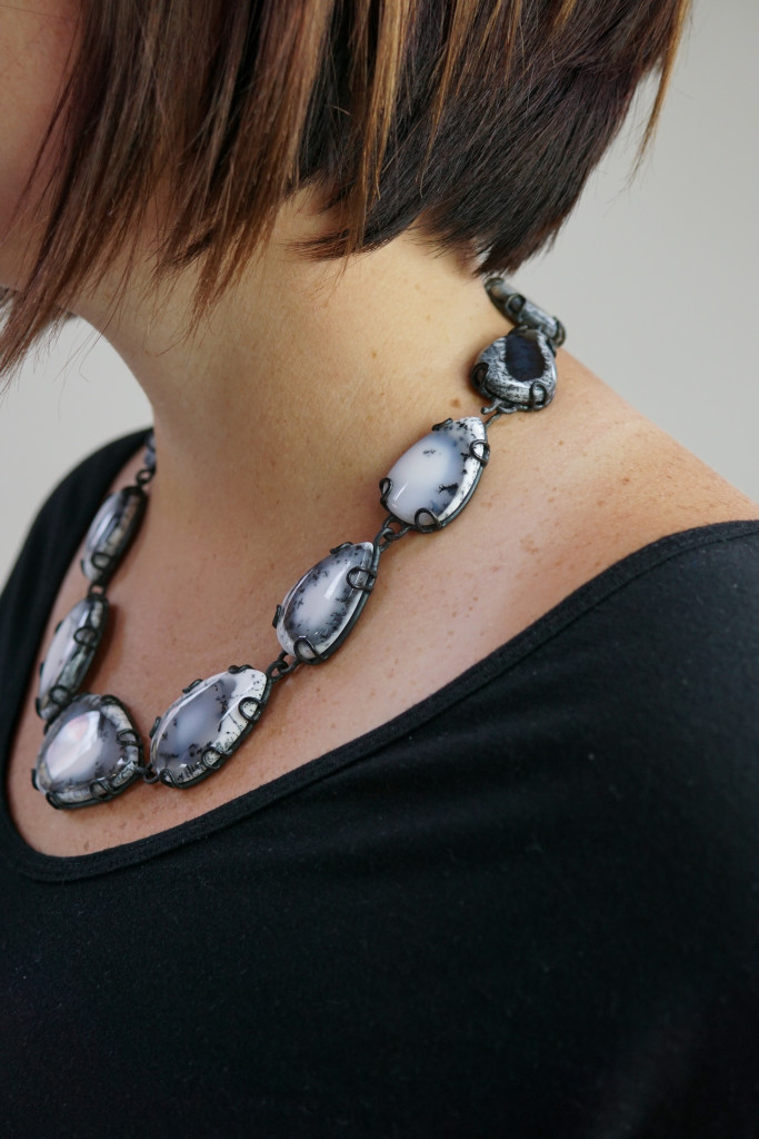 Contra Composition Necklace No. 29: black and white dendritic opal statement necklace, art jewelry handcrafted by designer and metalsmith Megan Auman
