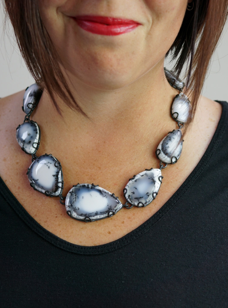 Contra Composition Necklace No. 29 // one of a kind art jewelry, black and white dendritic opal necklace handcrafted by designer and metalsmith Megan Auman