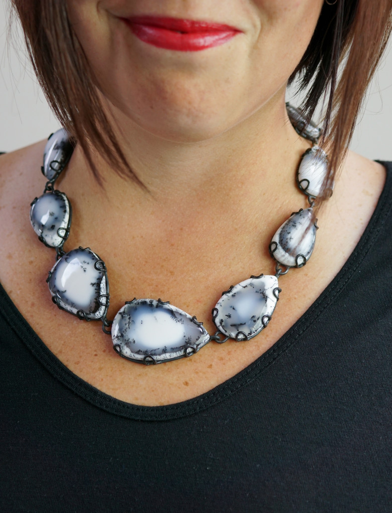 Contra Composition Necklace No. 29: black and white dendritic opal statement necklace, art jewelry handcrafted by designer and metalsmith Megan Auman