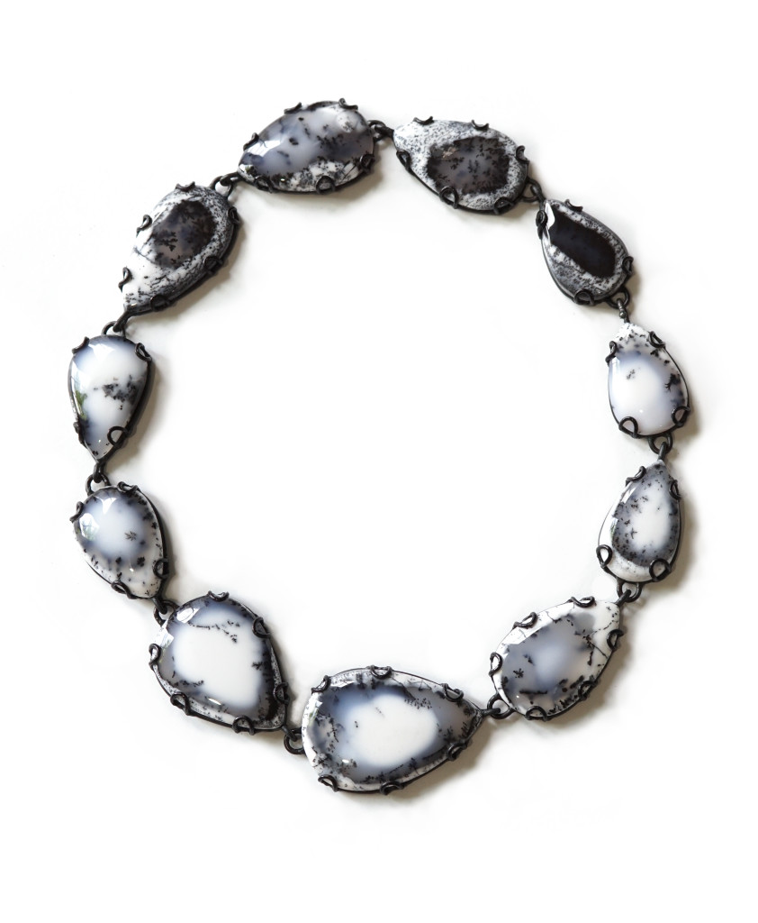 Contra Composition Necklace No. 29: black and white dendritic opal statement necklace, art jewelry handcrafted by designer and metalsmith Megan Auman