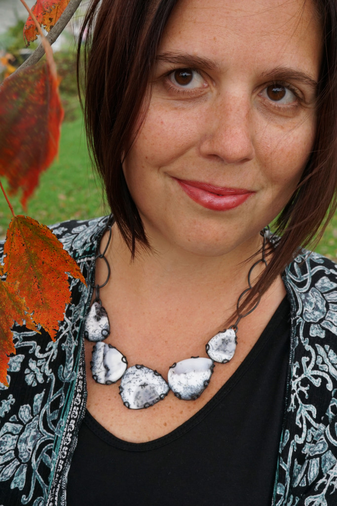 fall style portrait with one of a kind black and white statement necklace and kimono top