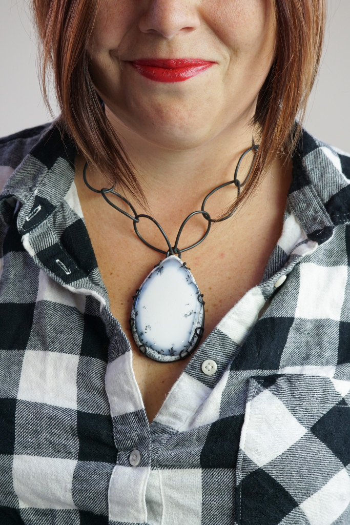 what necklace to wear with plaid button down shirt: chunky chain link gemstone necklace