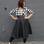 bold black and white style: midi skirt and flannel button down shirt