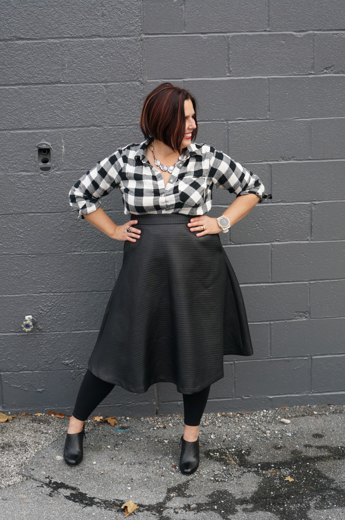 black and white style: midi skirt, plaid shirt, statement necklace