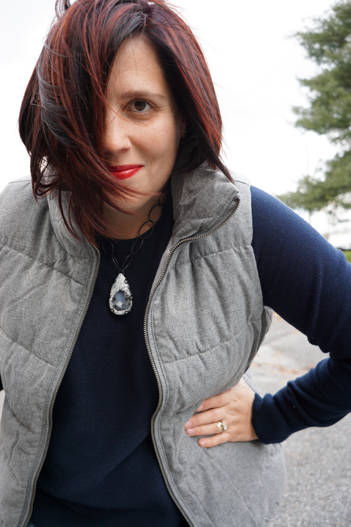 navy and grey fall winter style with a black and white chunky stone necklace