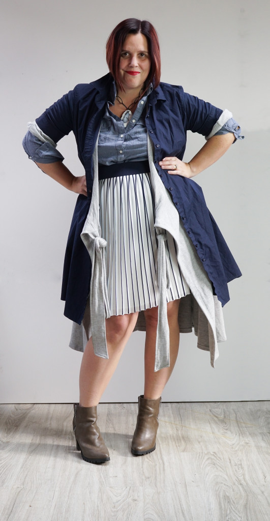 one dress thirty ways challenge, creative layering: shirt dress and wrap dress over pleated skirt and chambray shirt with bold gemstone necklace