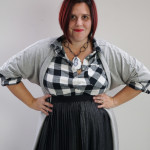 one dress challenge, day 20: grey wrap dress over black and white plaid shirt and black pleated skirt