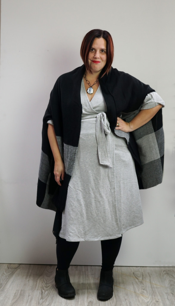 one dress, thirty ways style challenge: cozy winter style with a grey wrap dress, black shawl, and chunky gemstone necklace