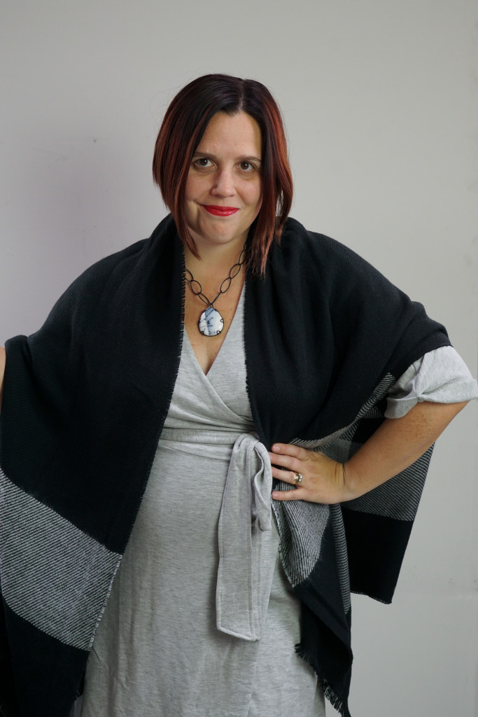 one dress, thirty ways style challenge: cozy winter style with a grey wrap dress, black shawl, and chunky gemstone necklace