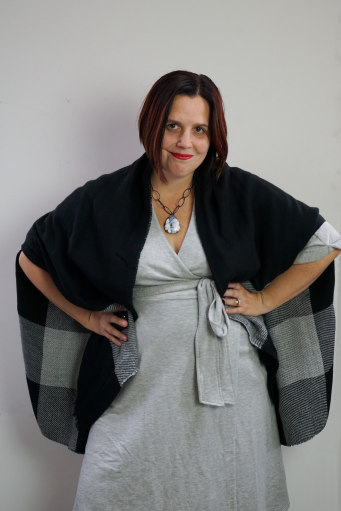 one dress, thirty ways style challenge: cozy winter style with a grey wrap dress, black shawl, and chunky gemstone necklace