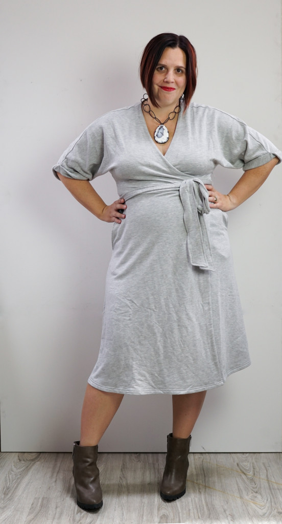 grey wrap dress, boots, chunky necklace