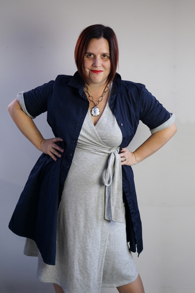 one dress challenge, day 26: navy shirt dress over grey wrap dress ...