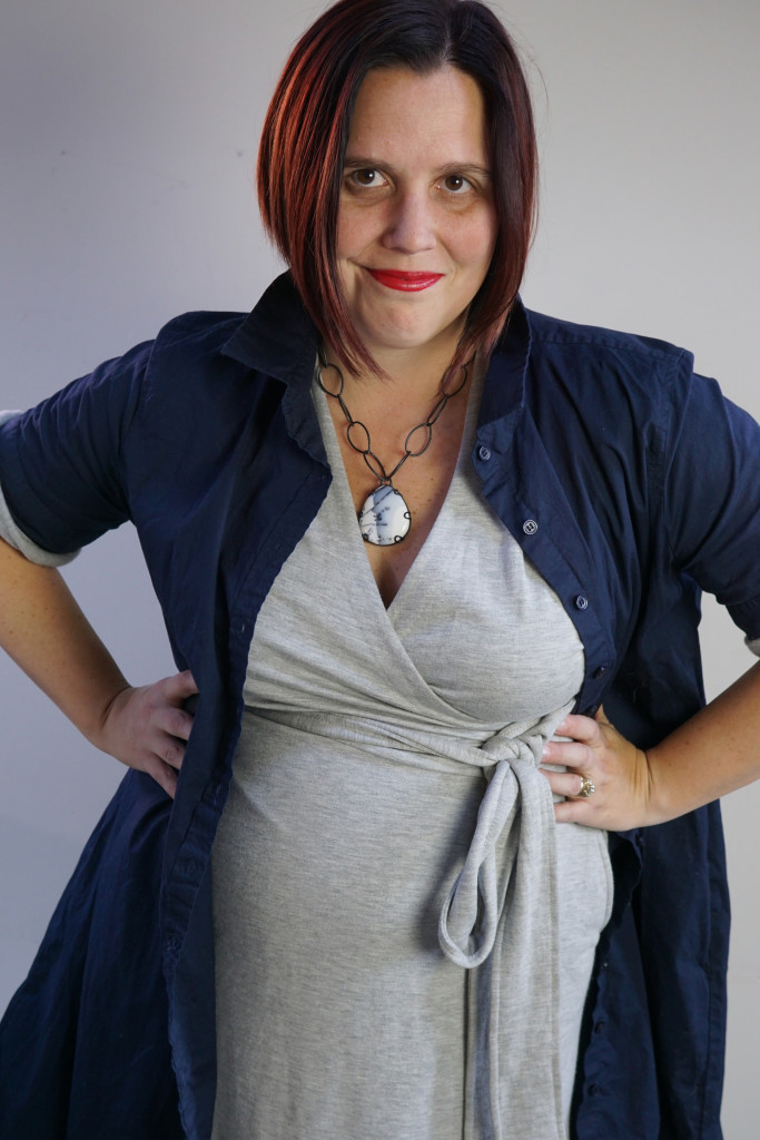 one dress thirty ways bold style challenge: navy shirt dress over grey wrap dress with chunky gemstone necklace