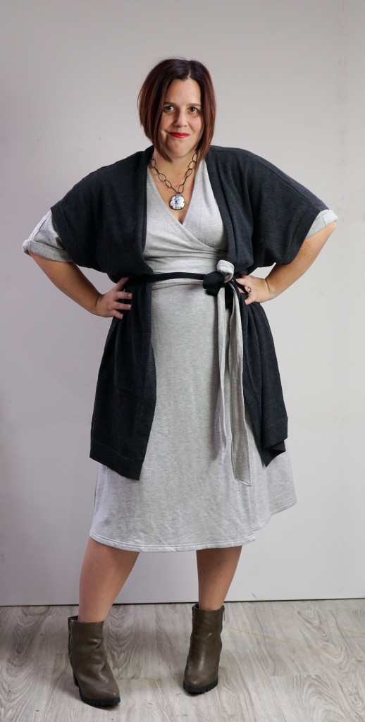 one dress, thirty ways style challenge: grey wrap dress, oversized cardigan, and chunky gemstone necklace