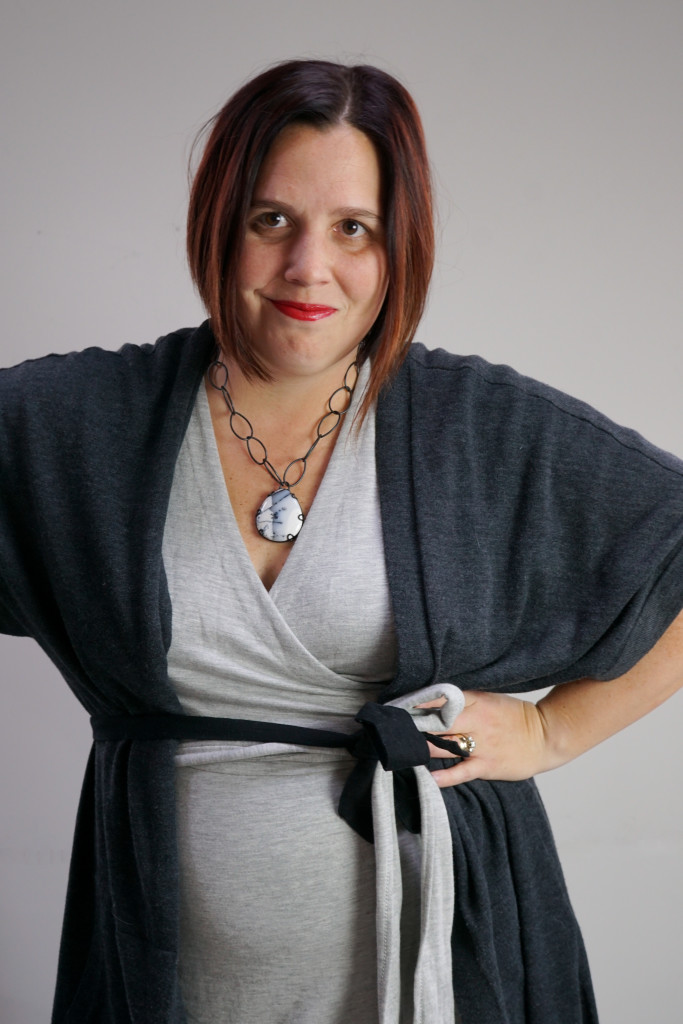 one dress, thirty ways style challenge: grey wrap dress, oversized cardigan, and chunky gemstone necklace