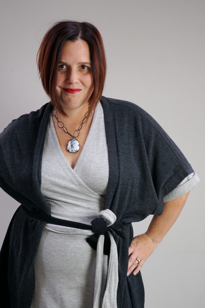 one dress, thirty ways style challenge: grey wrap dress, oversized cardigan, and chunky gemstone necklace