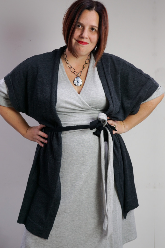 one dress, thirty ways style challenge: grey wrap dress, oversized cardigan, and chunky gemstone necklace