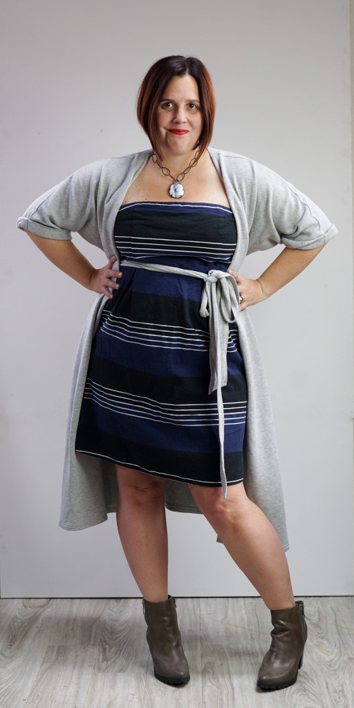 one dress, thirty ways style challenge: grey wrap dress over striped strapless dress with chunky boots