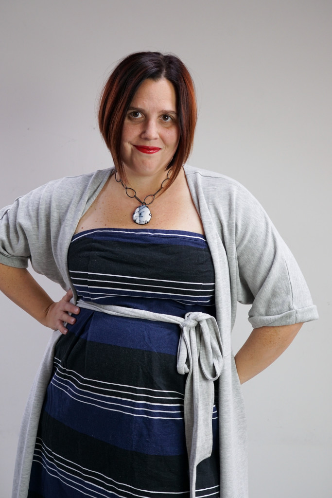 one dress, thirty ways style challenge: grey wrap dress over striped strapless dress with chunky gemstone necklace