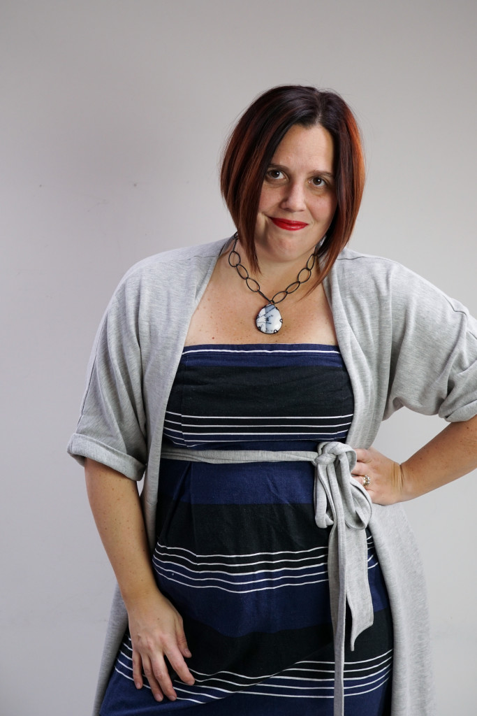one dress, thirty ways style challenge: grey wrap dress over striped strapless dress with chunky gemstone necklace