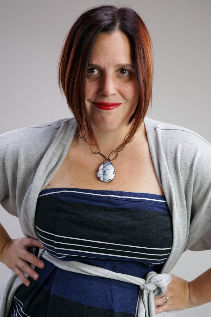 one dress, thirty ways style challenge: grey wrap dress over striped strapless dress with chunky gemstone necklace