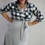 one dress challenge, day 25: grey wrap dress and black and white plaid shirt