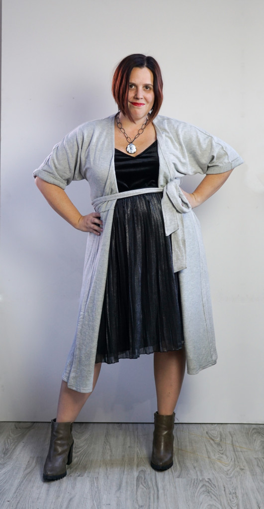 one dress thirty ways style inspiration: grey wrap dress as duster cardigan over metallic pleated skirt and velvet cami