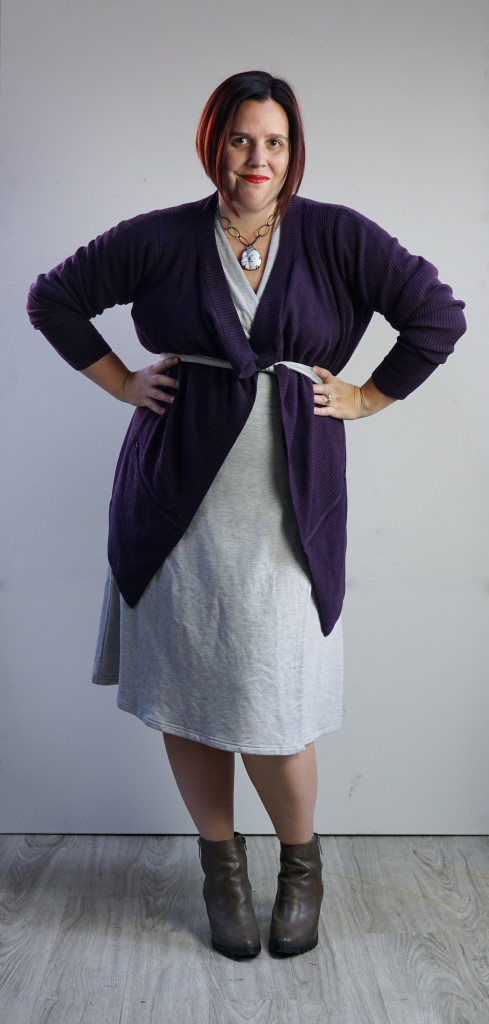 one dress, thirty ways outfit inspiration: grey wrap dress with purple cardigan and chunky gemstone necklace