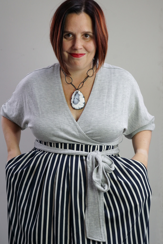 grey wrap dress and striped midi skirt with pockets!