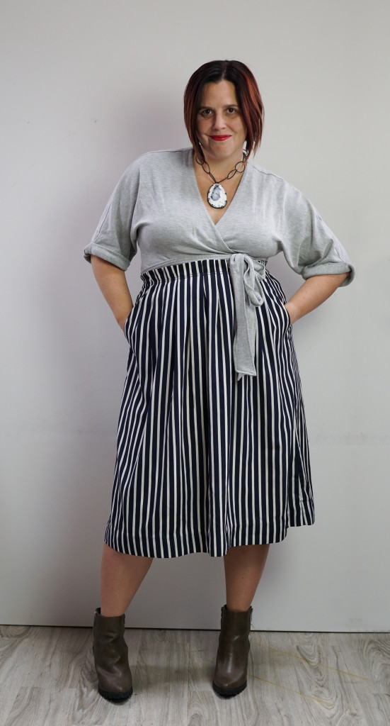one dress, thirty ways style challenge: grey wrap dress with striped midi skirt and chunky gemstone necklace