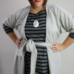 one dress challenge, day 7: grey wrap dress over black and grey striped dress